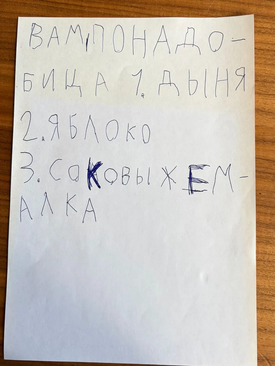 Написанный Лёвой от руки список ингредиентов для дынно-яблочного сока
