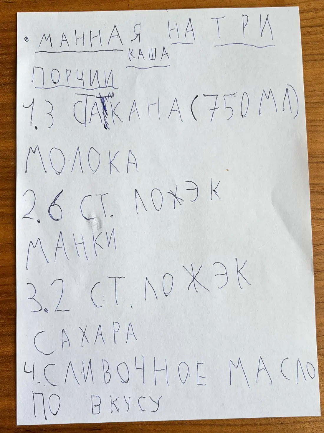 Написанный Лёвой от руки список ингредиентов для манной каши